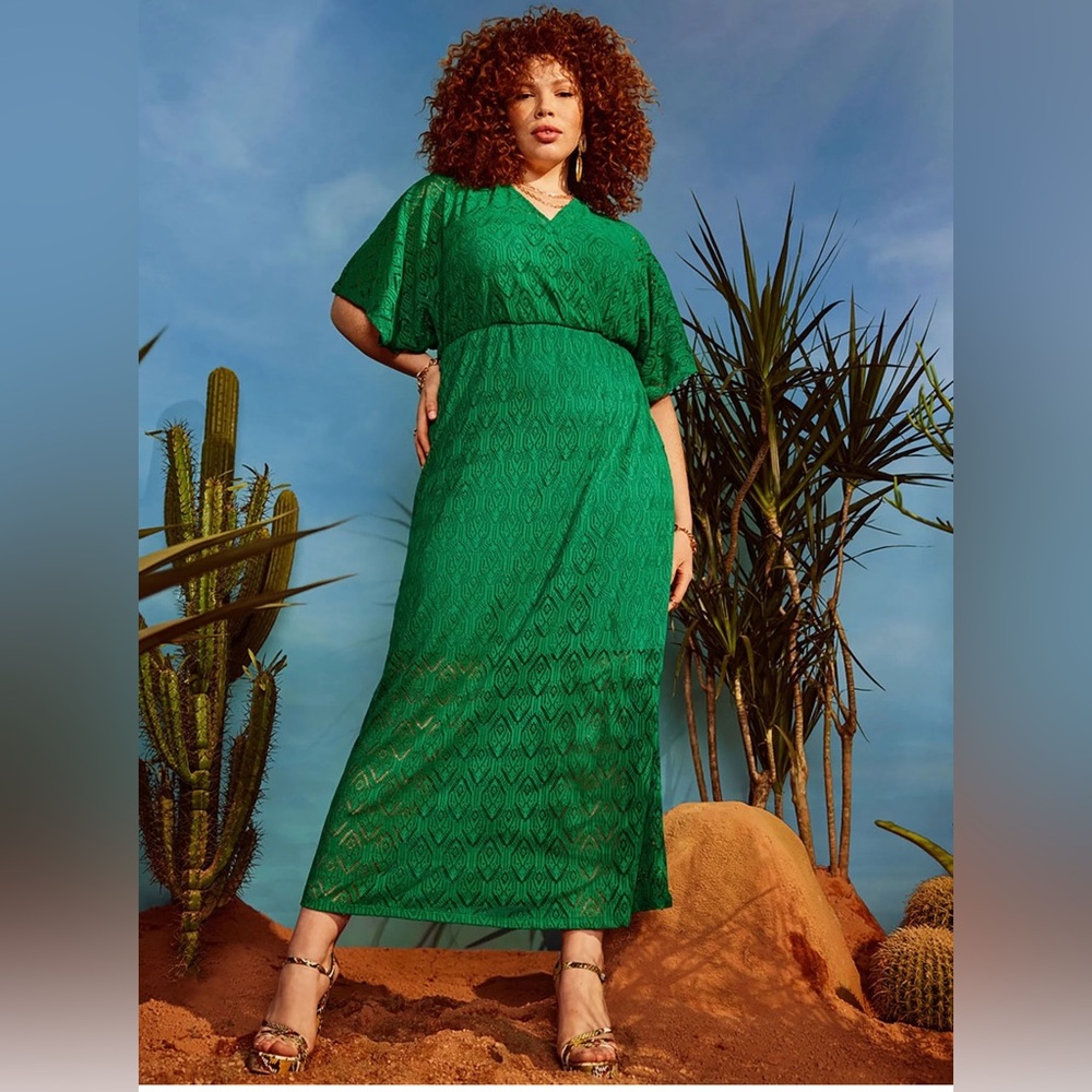 Eloquii Elements Dress Size 18 / 20 bright green crochet maxi dress STUNNING 💚